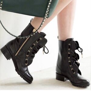 Valentino Black Ruffled Laceup Biker Boot 37/ 6.5